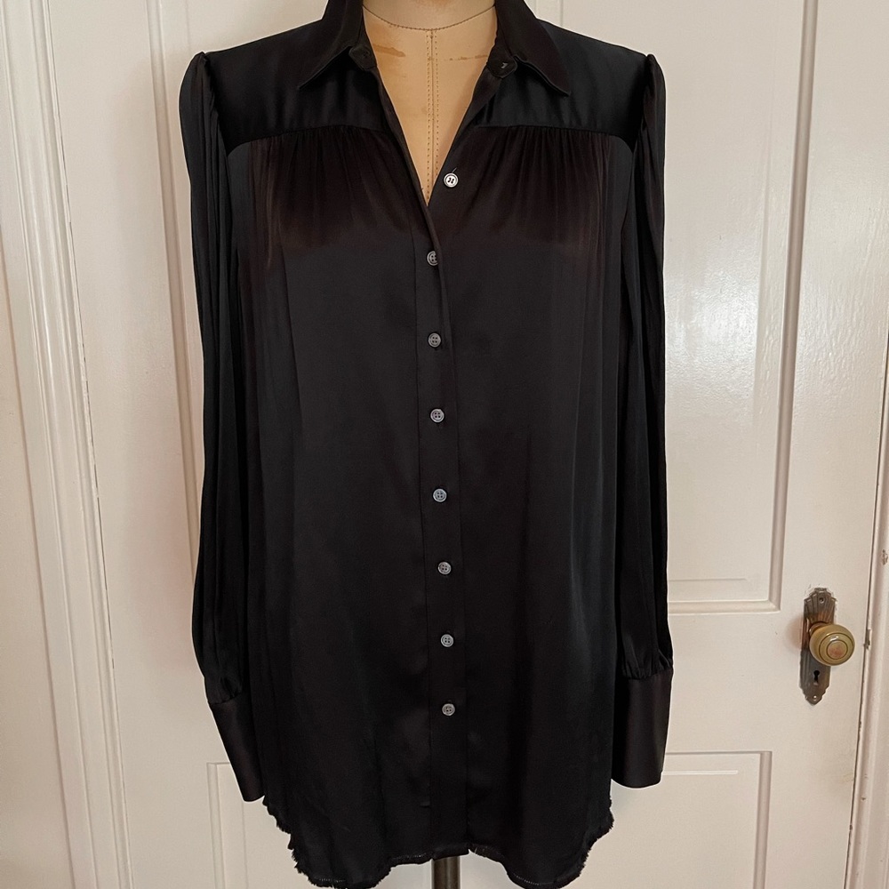 Frame black satin/silk long sleeve blouse